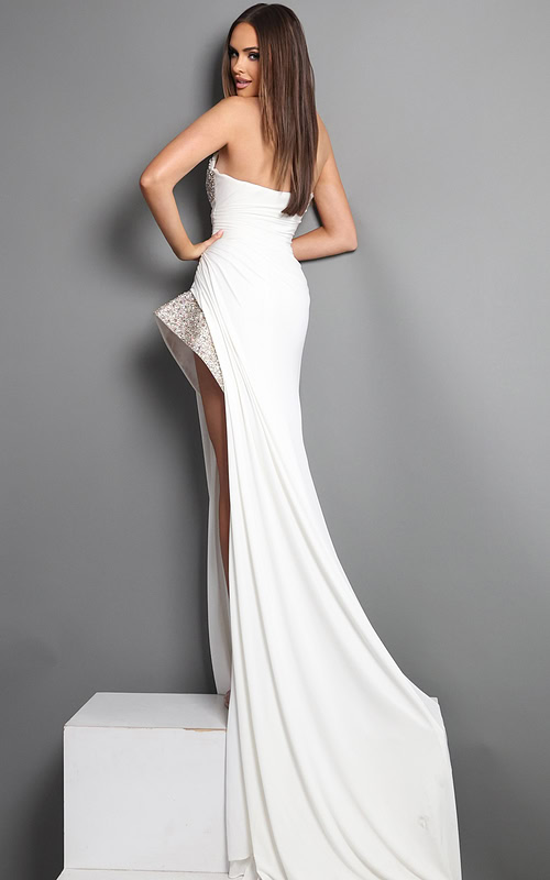 white sheath long dress with strapless sweetheart beaded bodice high slit