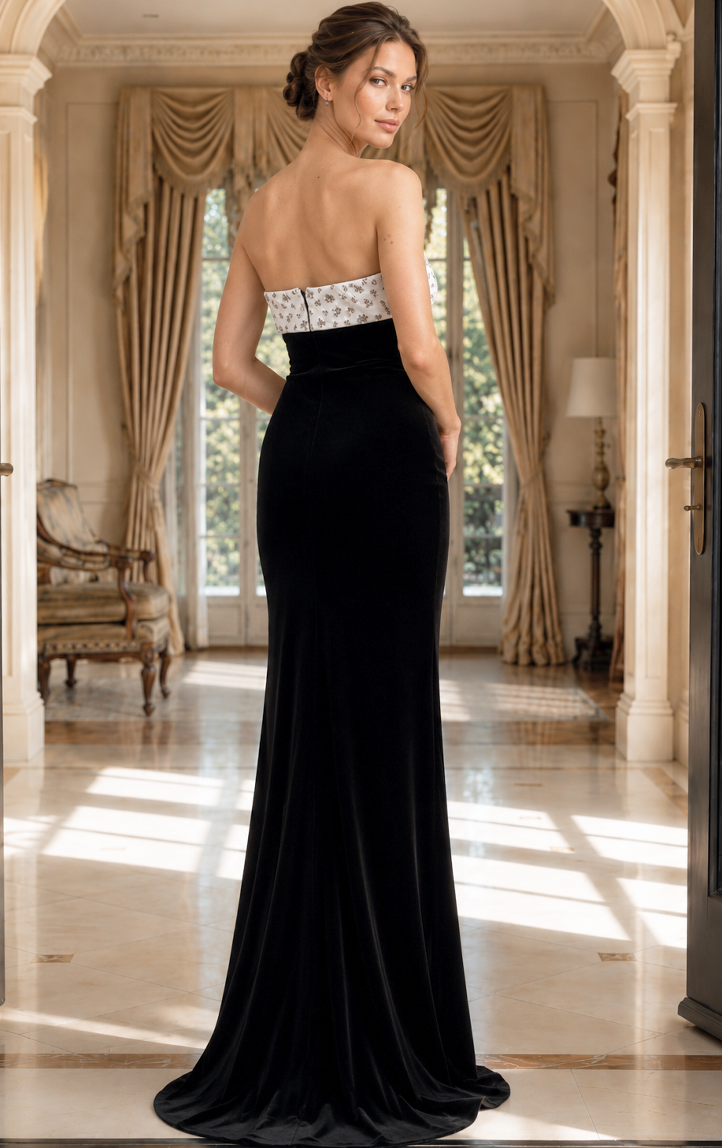 back view of black velvet strapless sheath gown with high slit