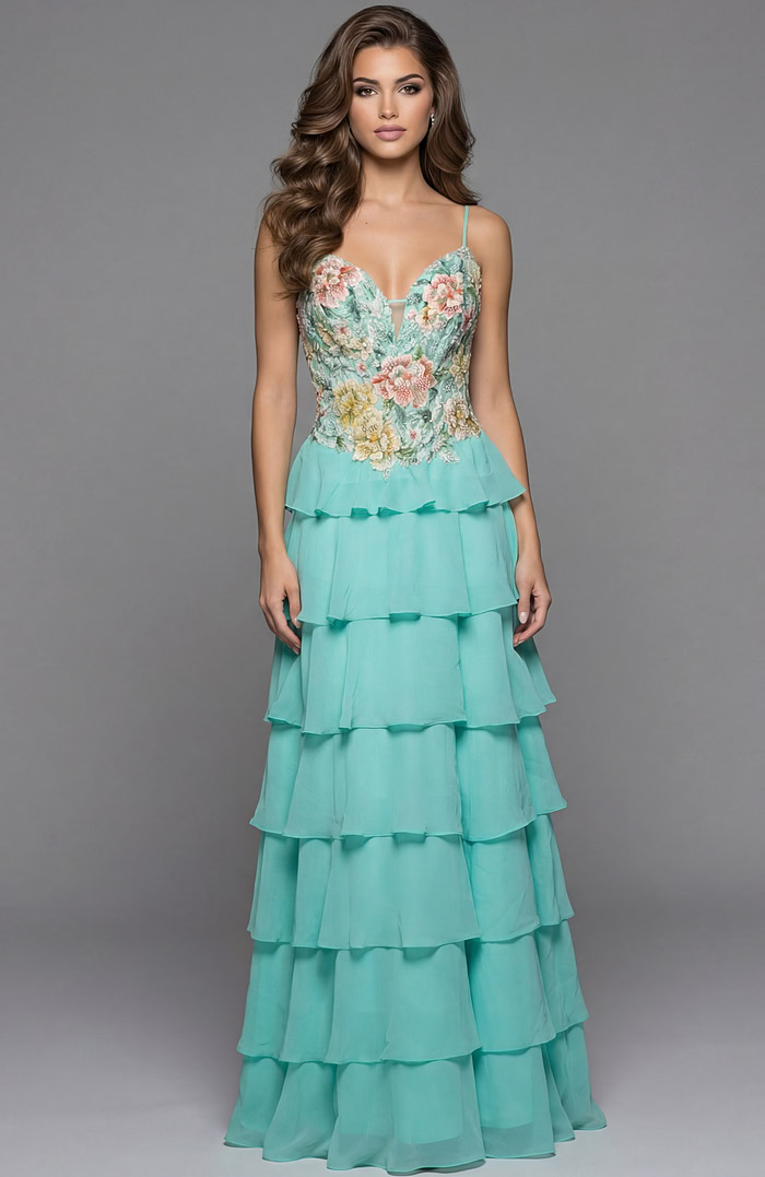 Tiered chiffon gown with floral appliquรฉ bodice and flowing layered skirt shown from the front