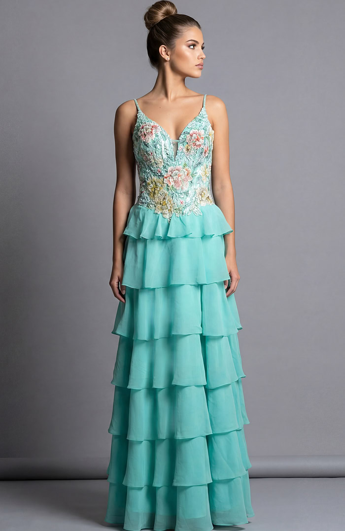 Tiered chiffon gown with floral appliquรฉ bodice shown in an alternate color variation