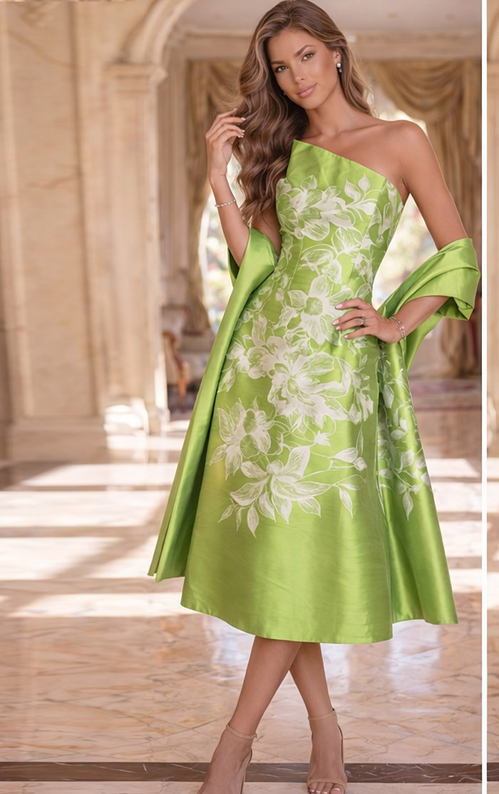 lime green and white floral print strapless midi dress