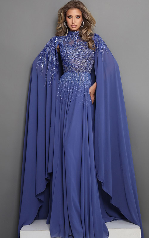 royal blue a line long dress with mock neck illusion beaded cape sleeves