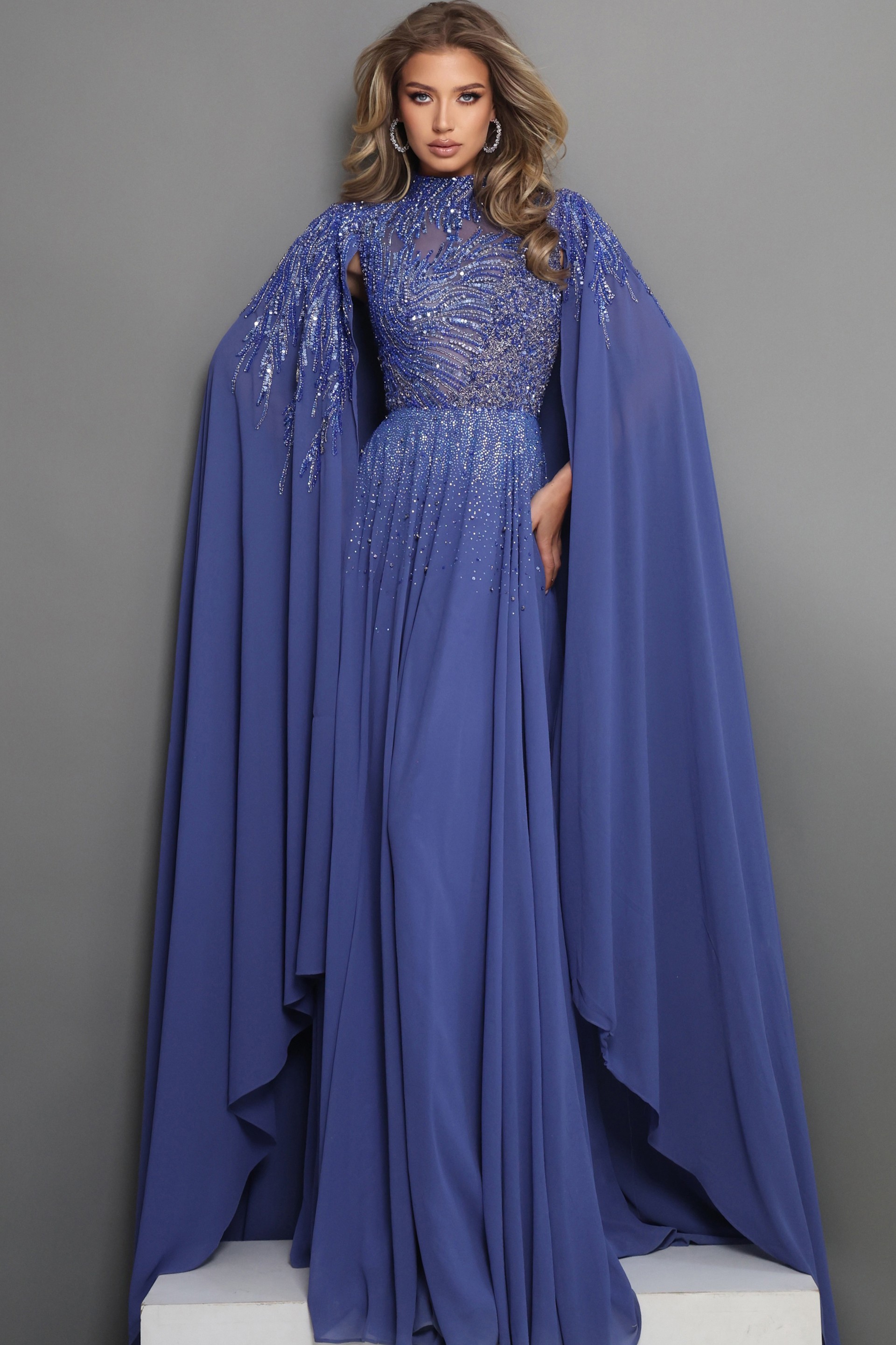royal blue a line long dress with mock neck illusion beaded cape sleeves