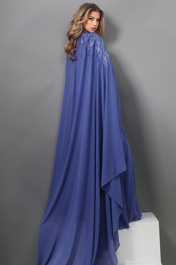 royal blue a line long dress with mock neck illusion beaded cape sleeves