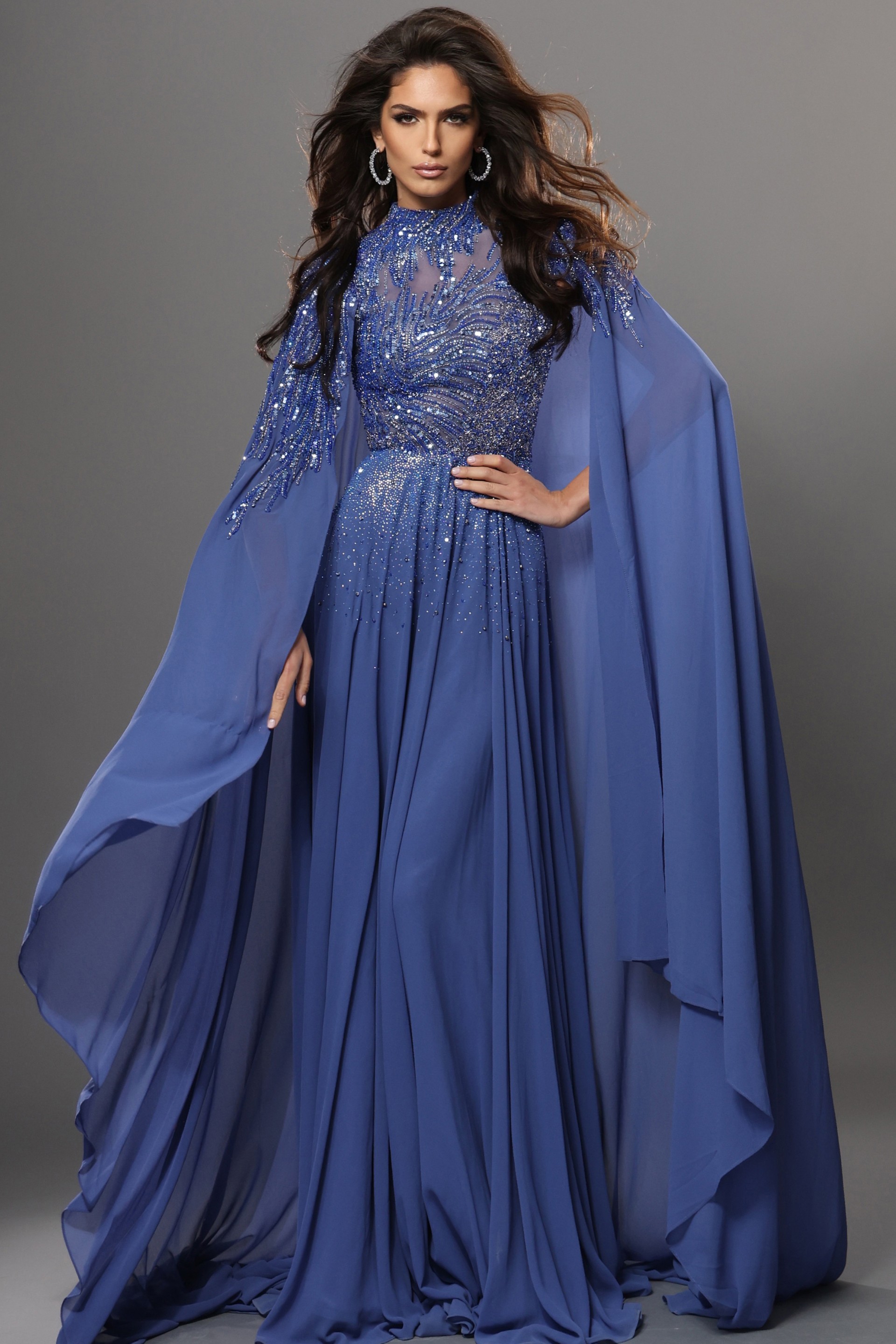 royal blue a line long dress with mock neck illusion beaded cape sleeves