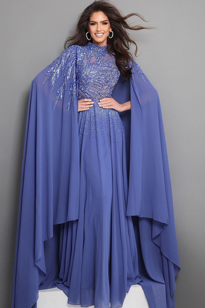 royal blue a line long dress with mock neck illusion beaded cape sleeves