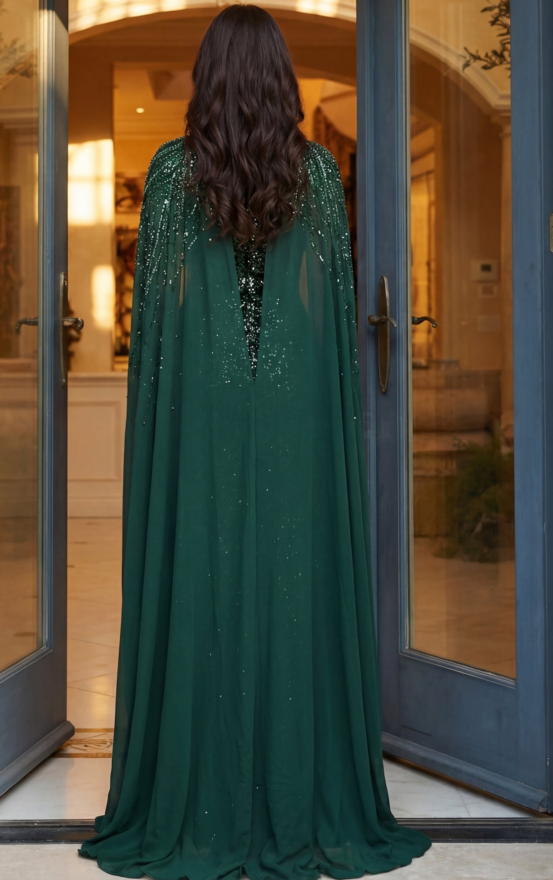 Emerald Green High Neck Cape Gown With Beaded Bodice And Flowing Skirt