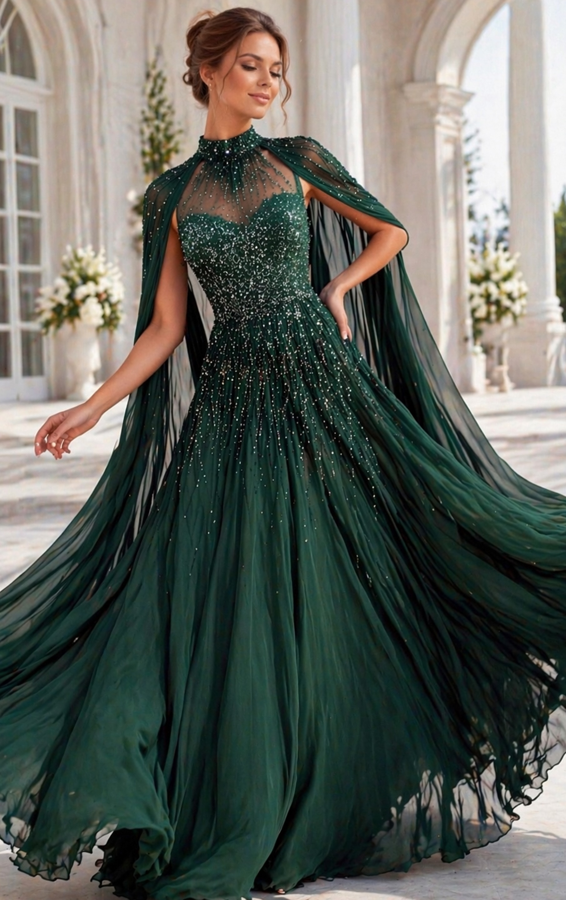 emerald green beaded high neck chiffon gown with cape sleeves