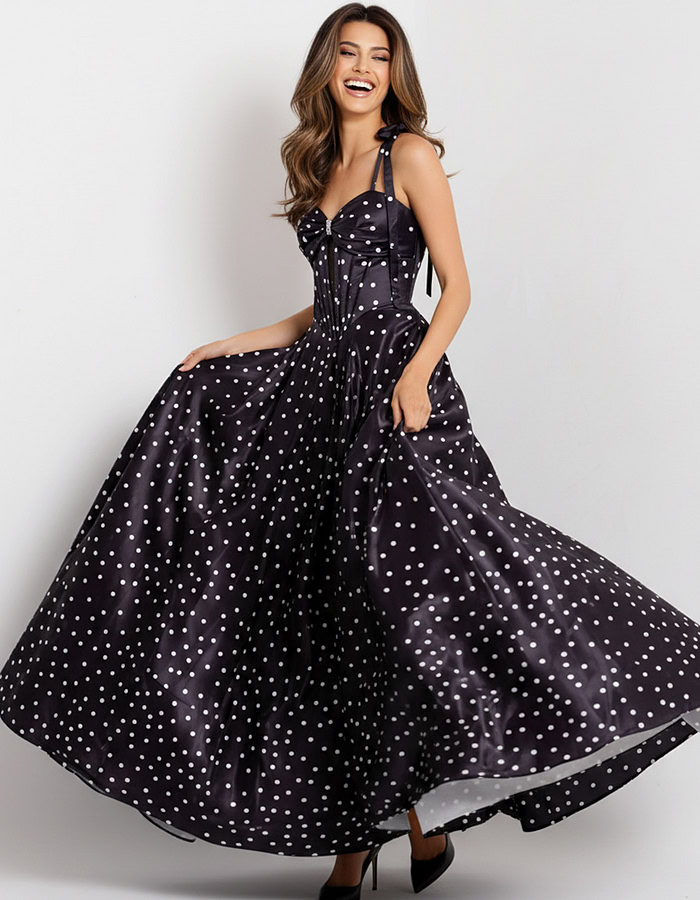 Polka Dot A-Line Gown with Lace Up Back 49774