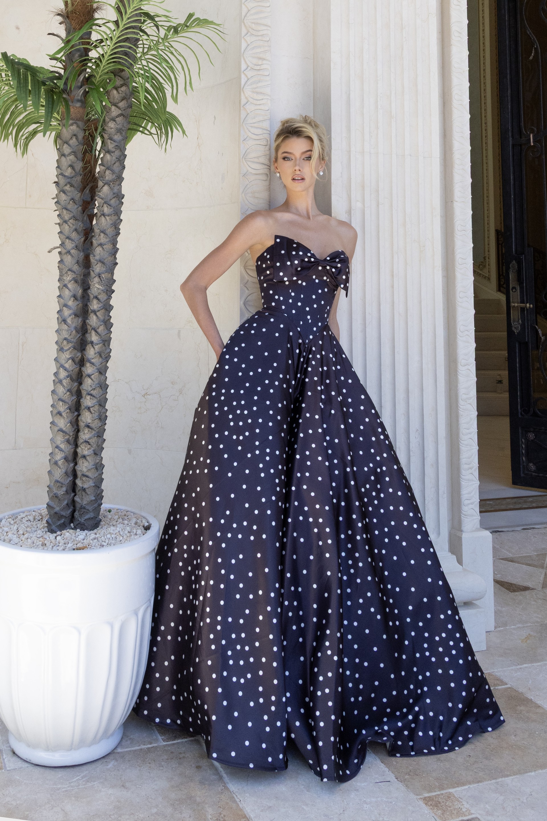 polka dot strapless prom dress with bow