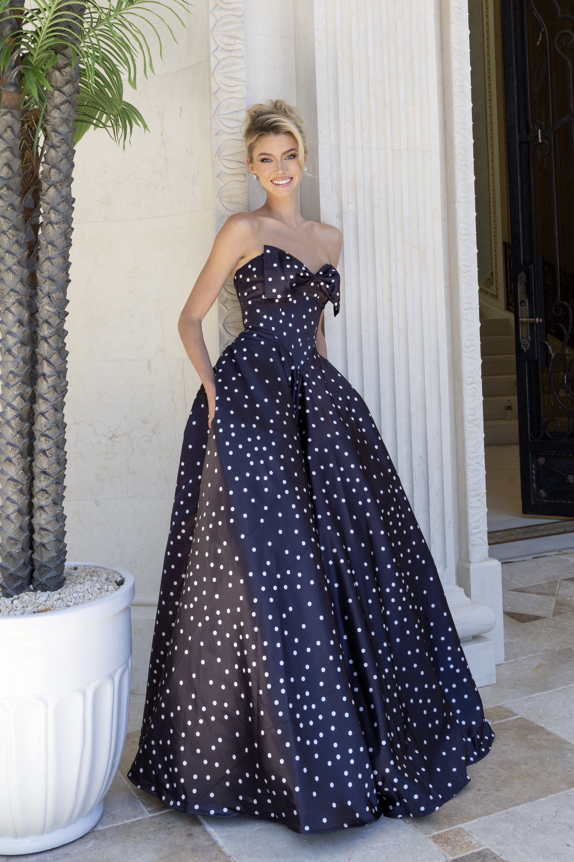 polka dot strapless prom dress with bow
