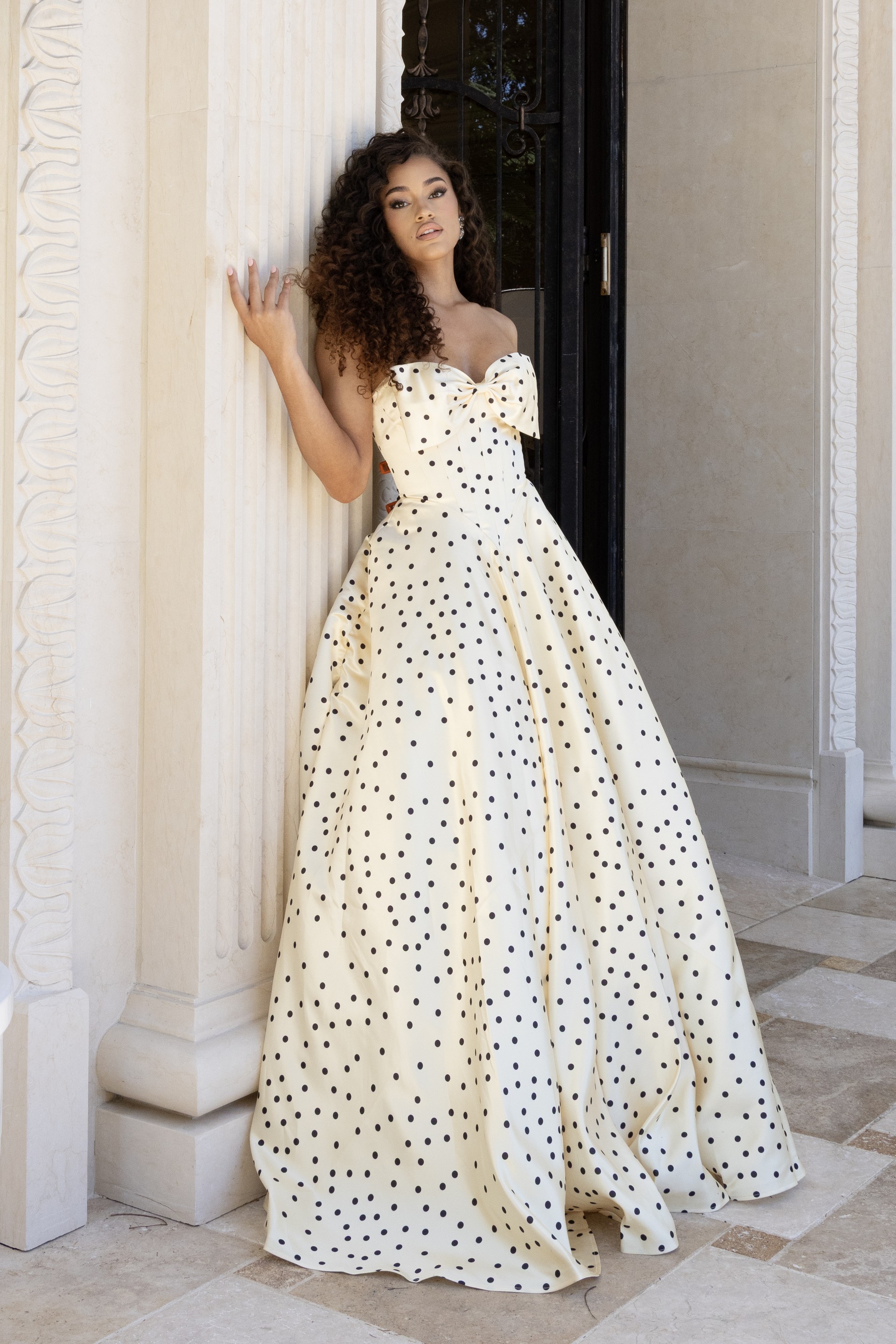polka dot strapless prom dress with bow