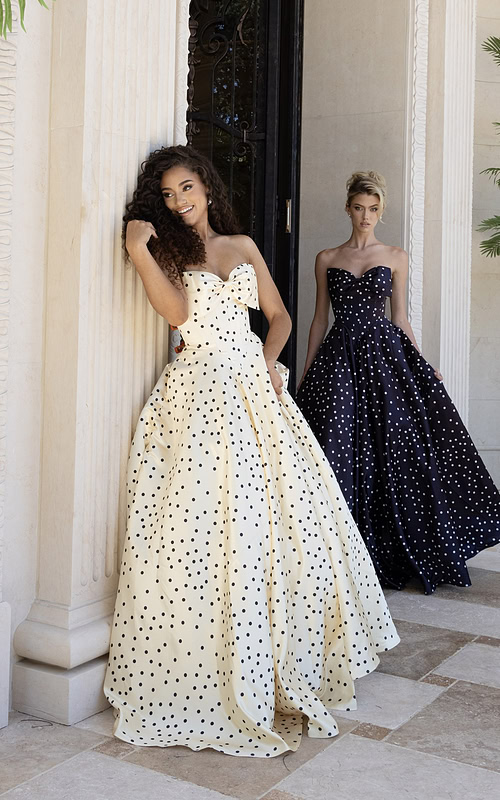 polka dot strapless prom dress with bow