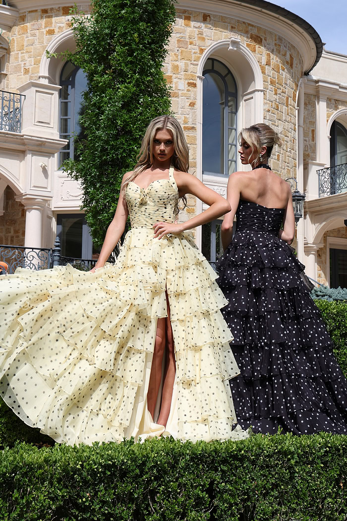 Polka Dot Halter Tiered Ruffle Gown 49776