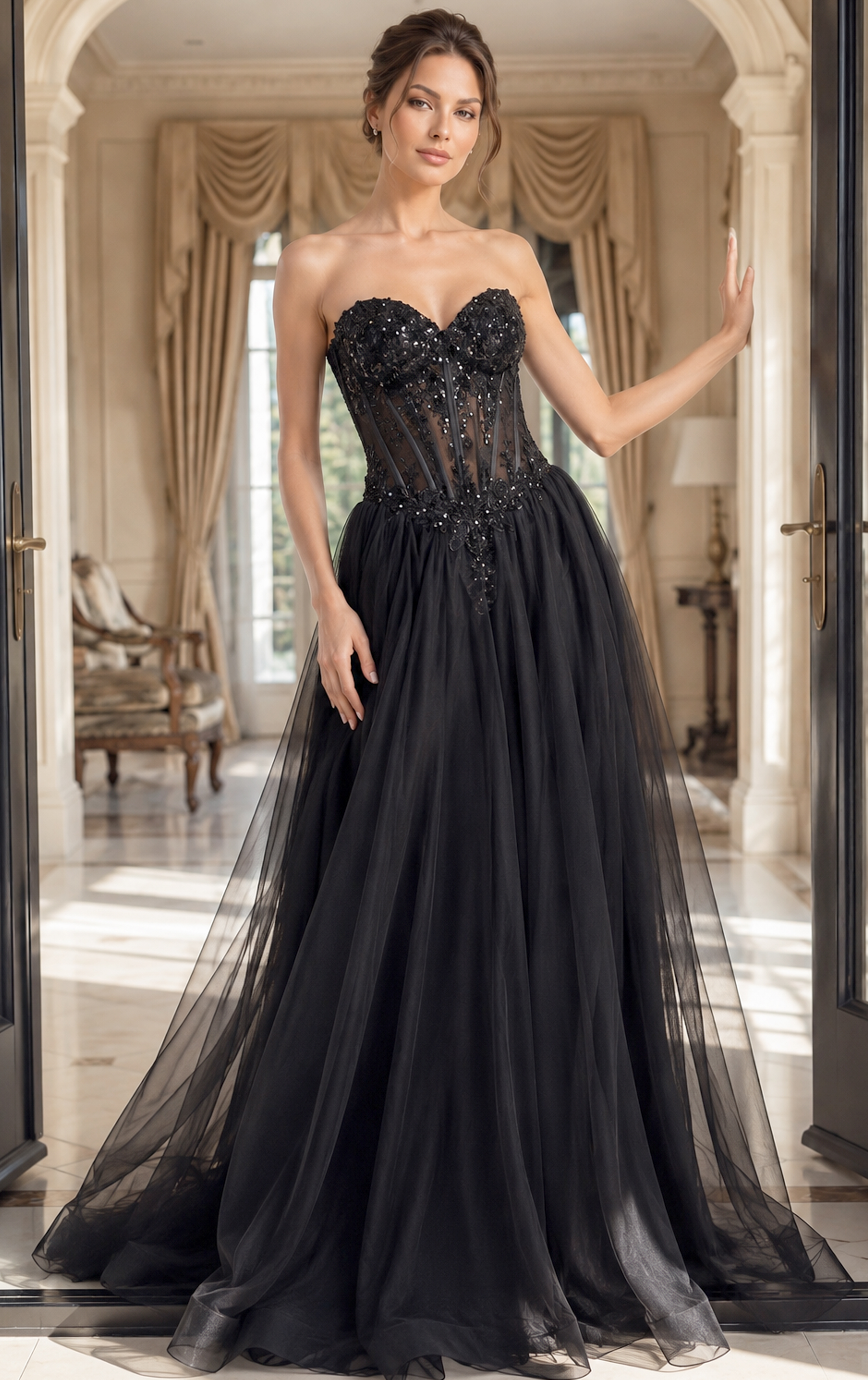 back view of black tulle strapless gown with beaded floral lace bodice