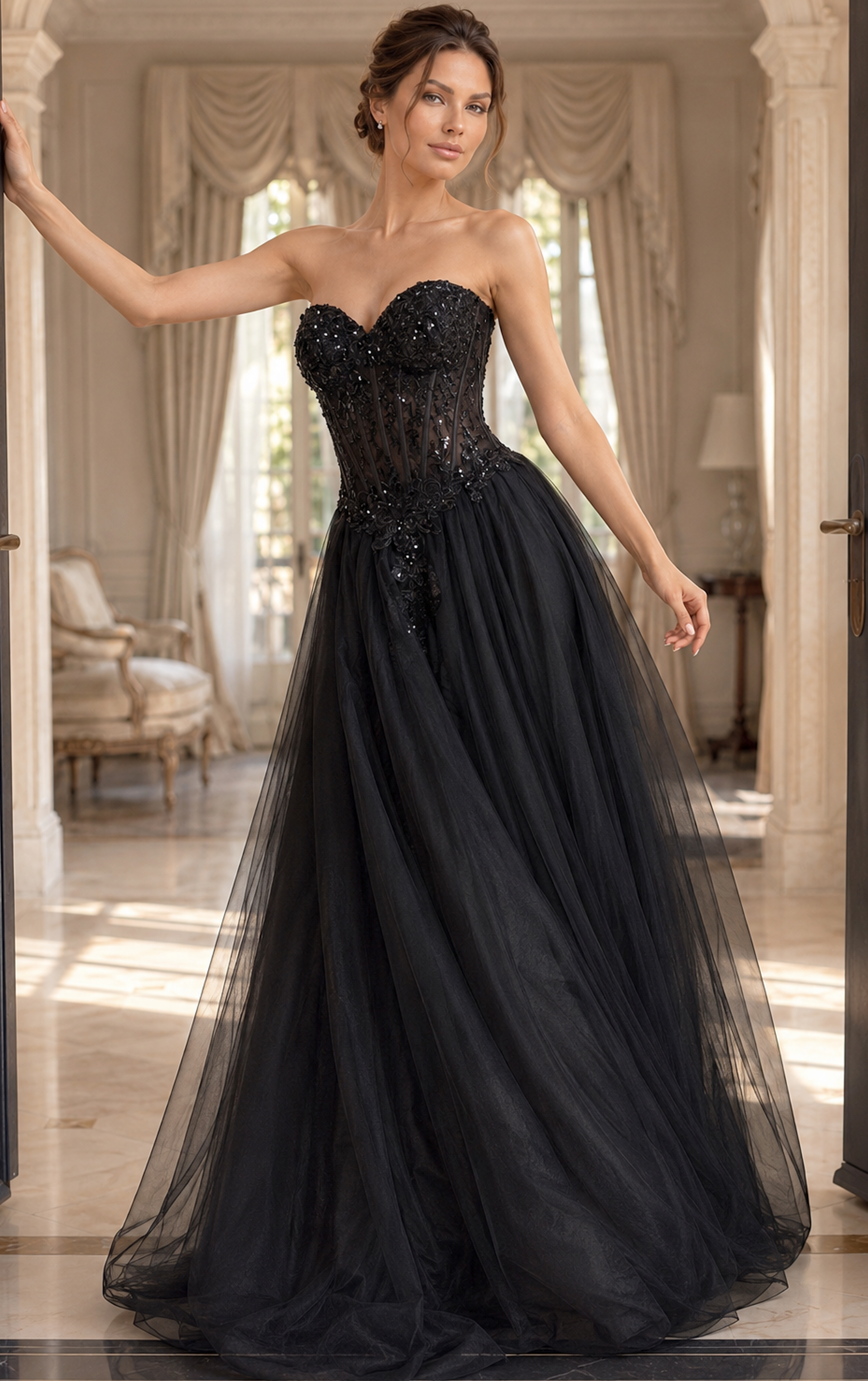 black tulle strapless sweetheart gown with beaded floral lace bodice