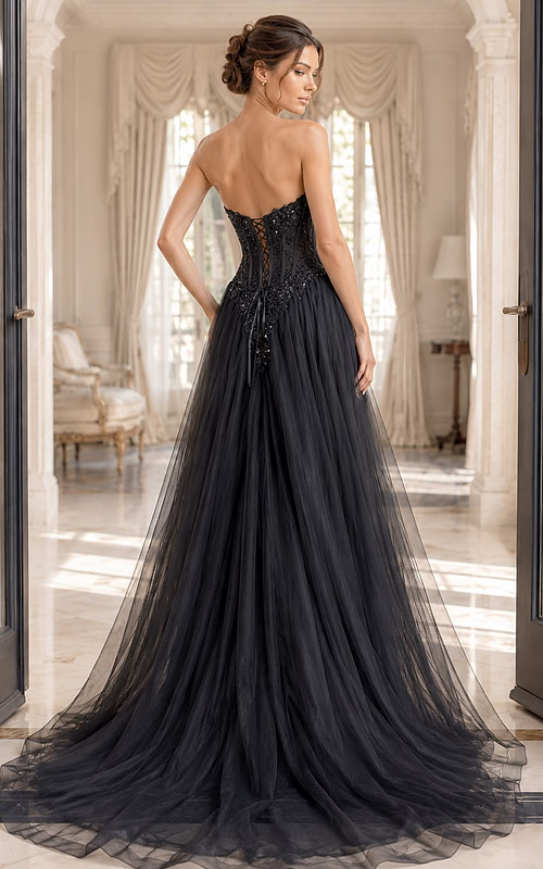black tulle strapless sweetheart gown with beaded floral lace bodice