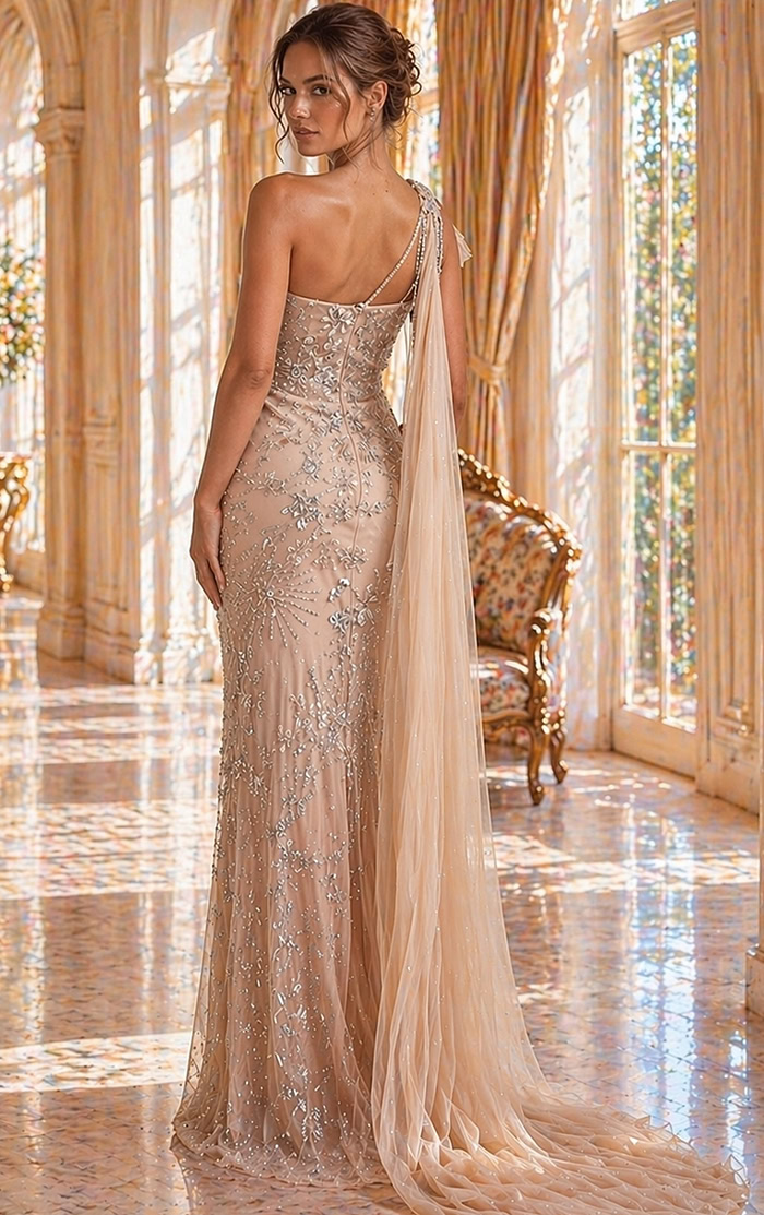 back view of beaded prom dress with low open back and fitted shape