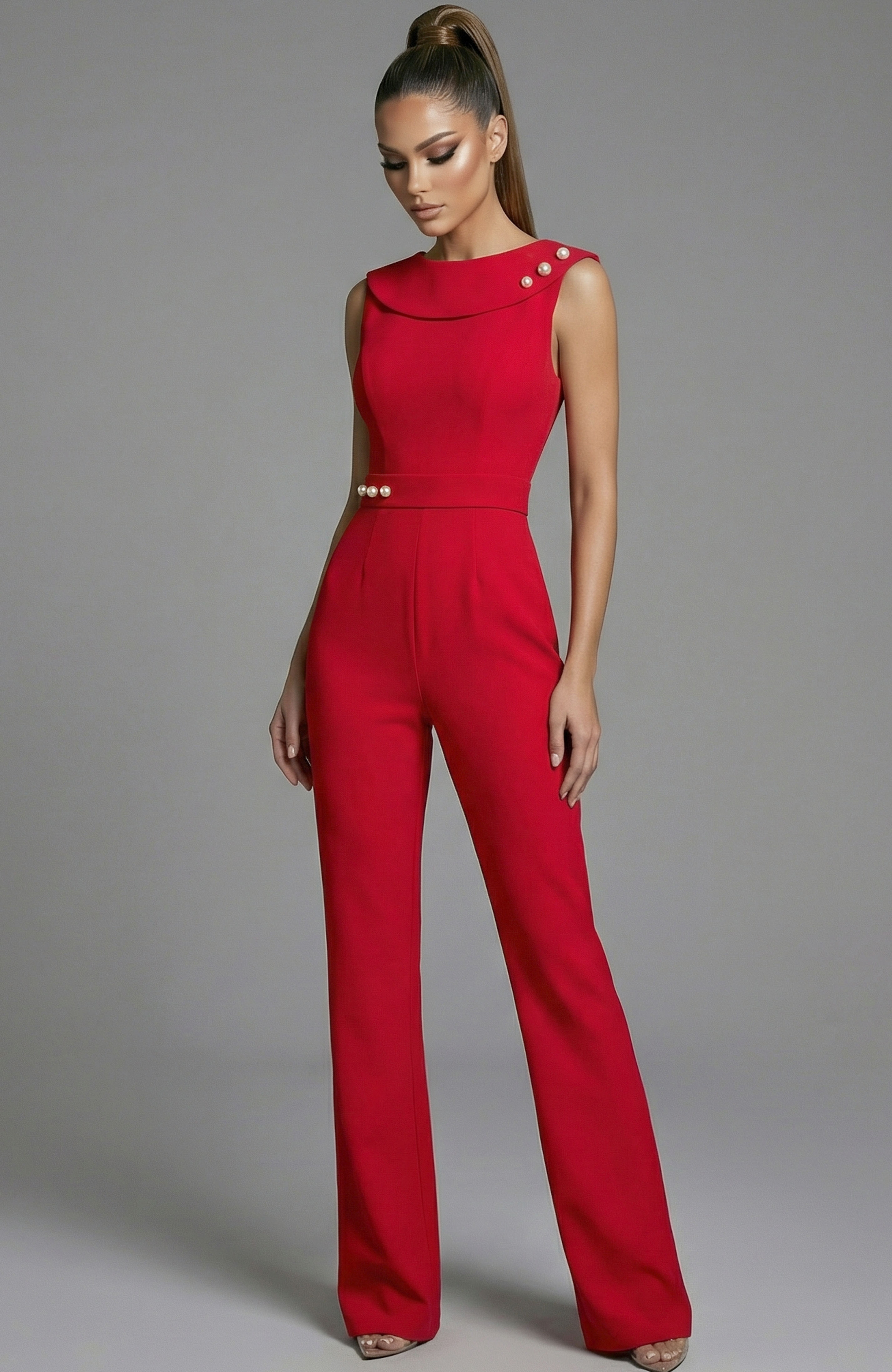 off shoulder tailored jumpsuit with pearl shoulder accents