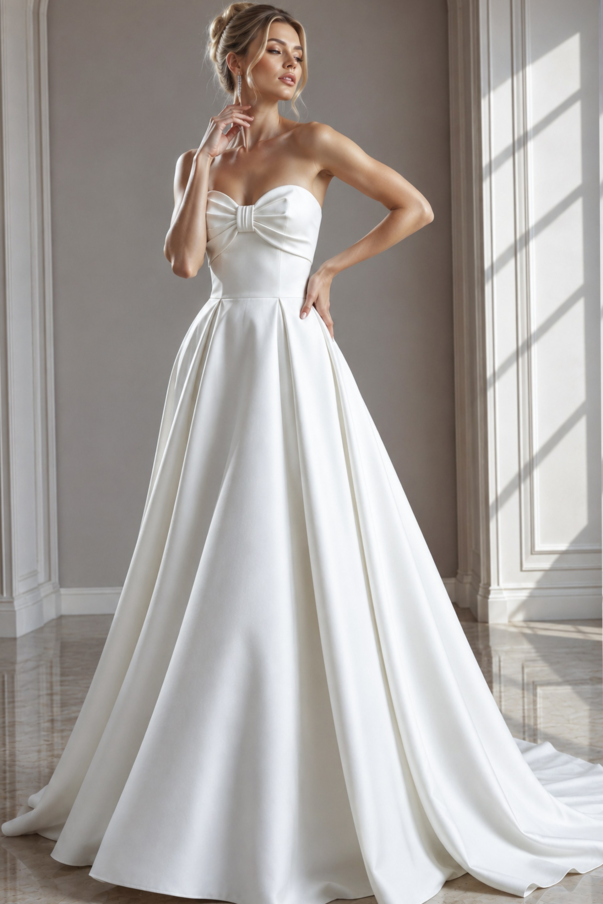ivory satin strapless A-line wedding dress with sweetheart neckline, bow front bodice and pleated ballgown skirt, front view, Jovani Bridal style 50534