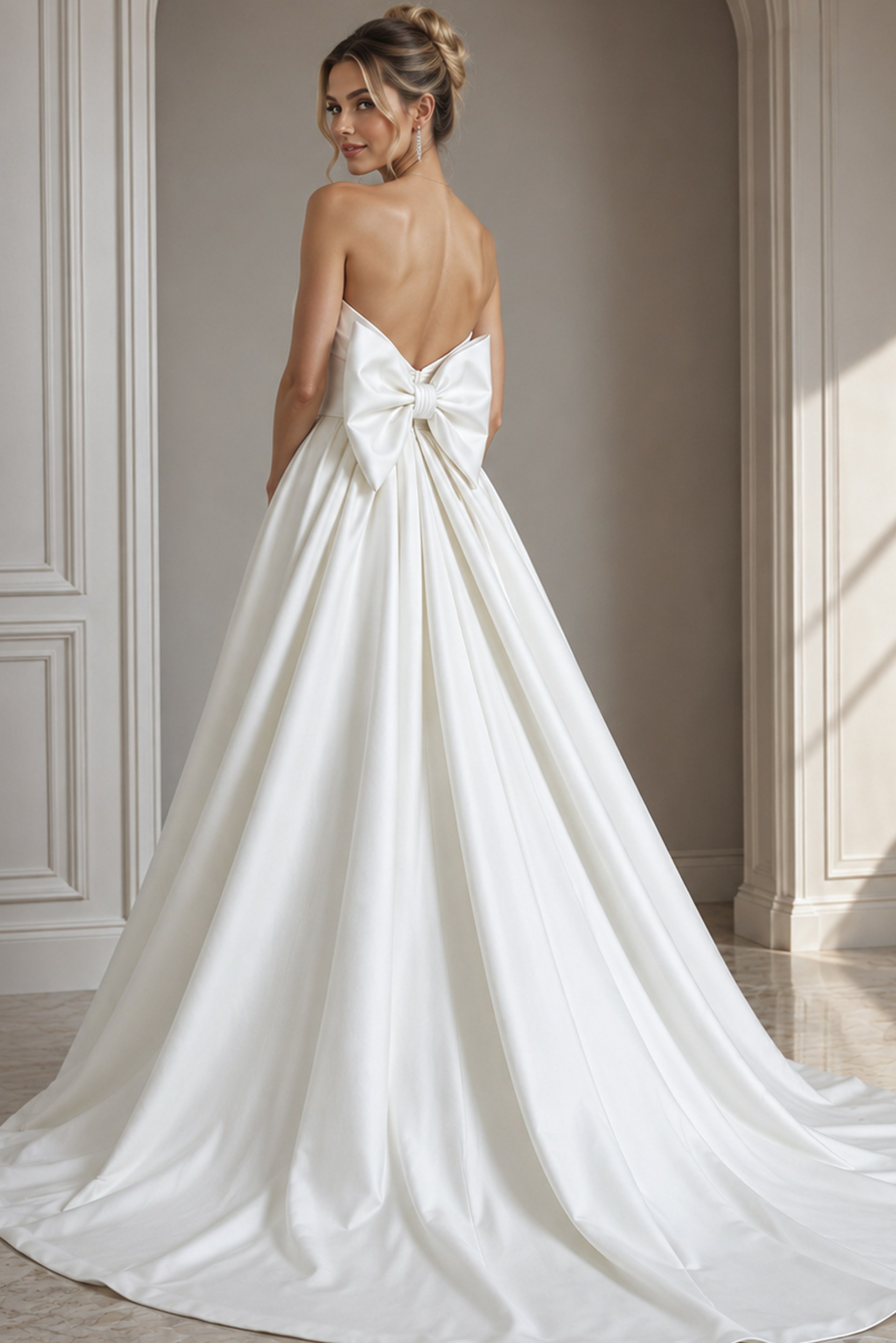 ivory satin strapless A-line wedding dress with sweetheart neckline, bow front bodice and pleated ballgown skirt, front view, Jovani Bridal style 50534