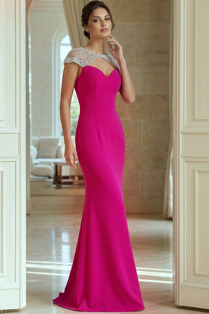 Fuchsia Mermaid Gown With Crystal Illusion Neckline