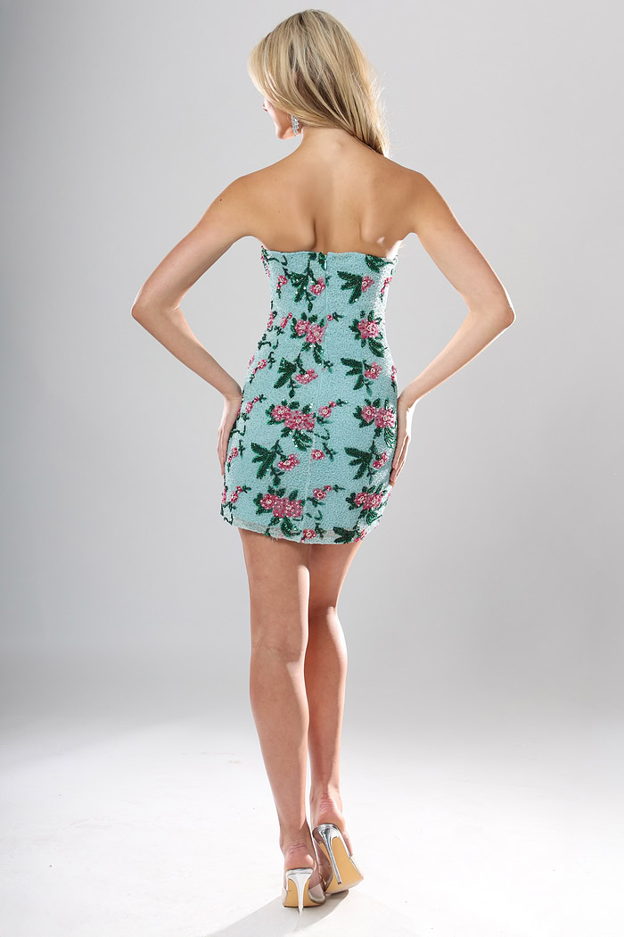 back view of aqua green sequin strapless short homecoming dress with sweetheart neckline and floral embroidery, Jovani style 51557