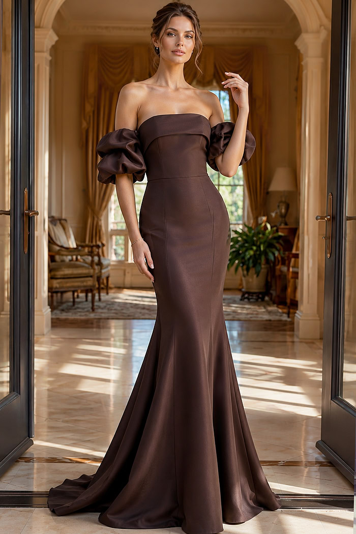 burgundy satin off shoulder mermaid gown with dramatic puff sleeves
