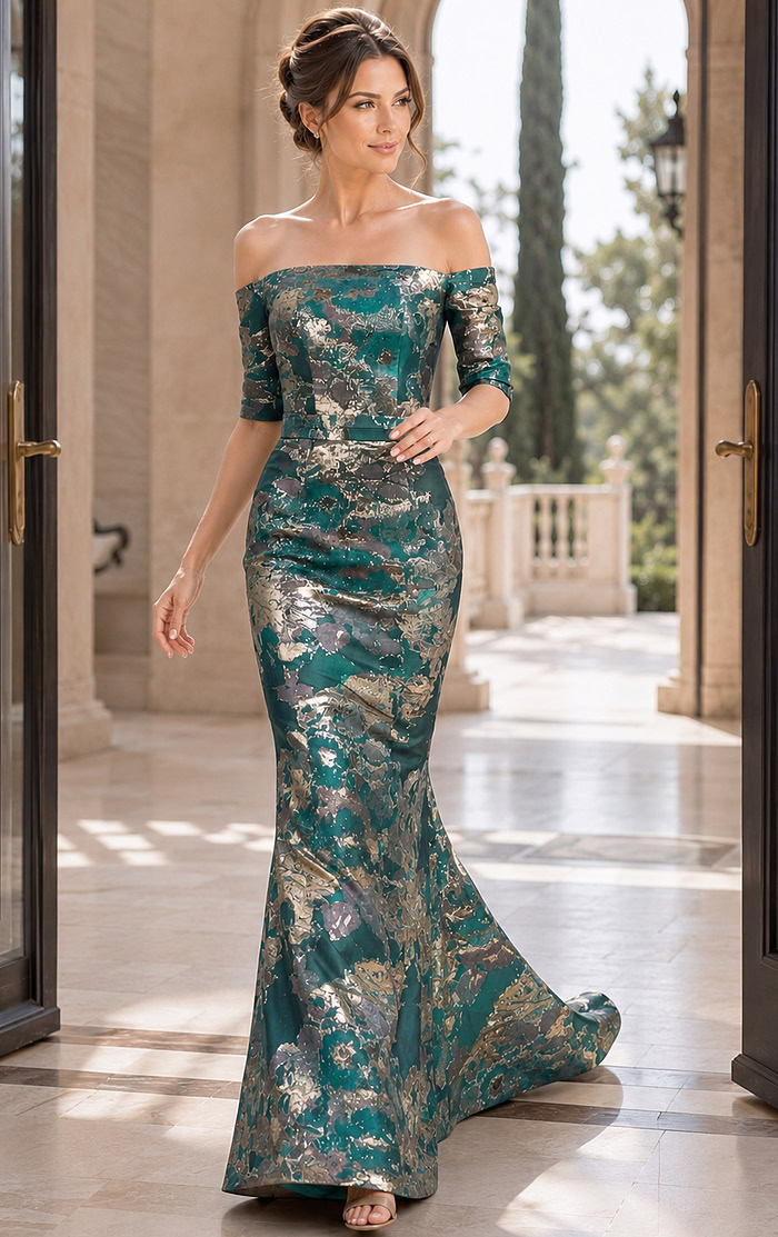 Structured Evening Gown With Short Sleeves