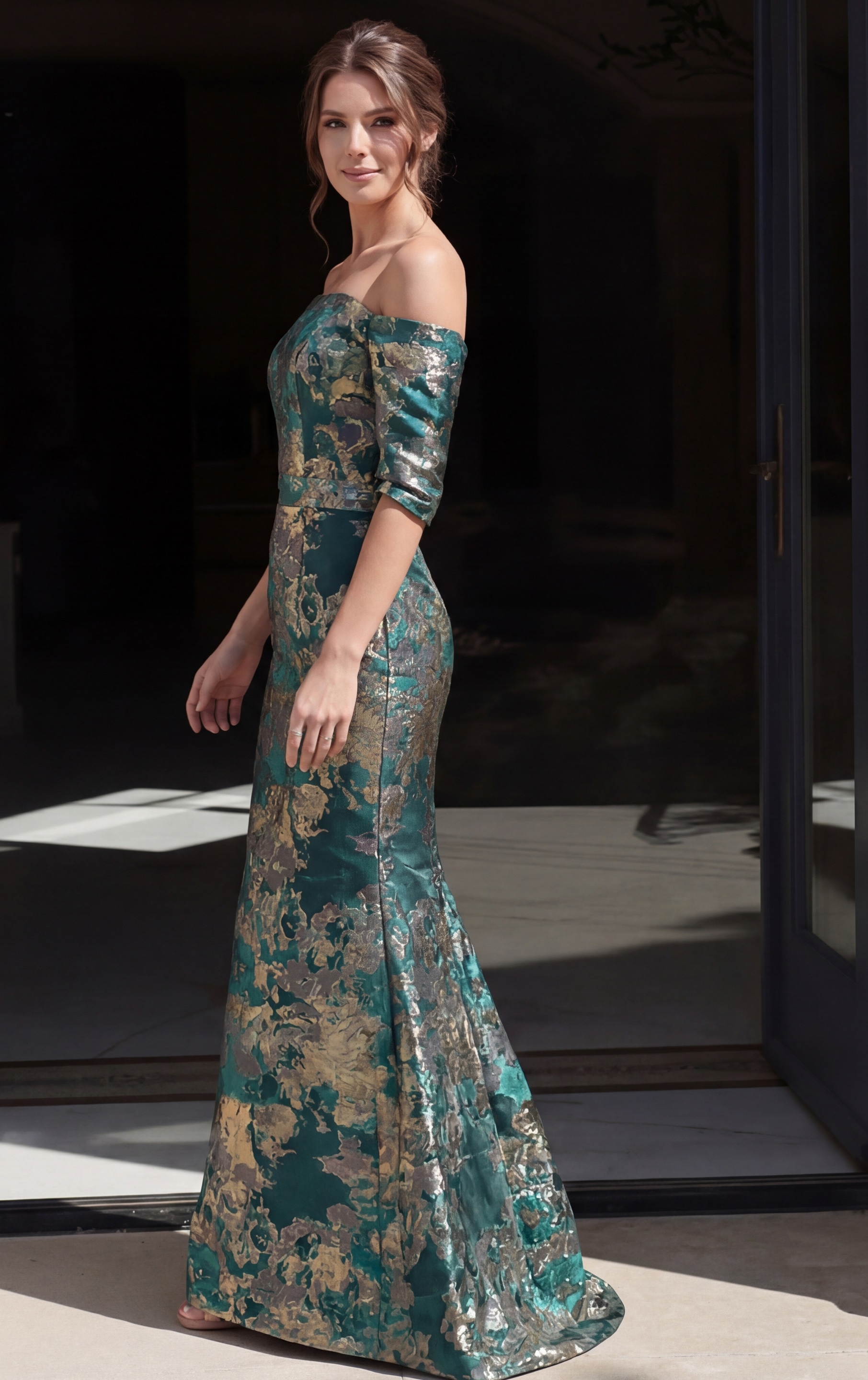 Fitted Mermaid Gown With Short Sleeves