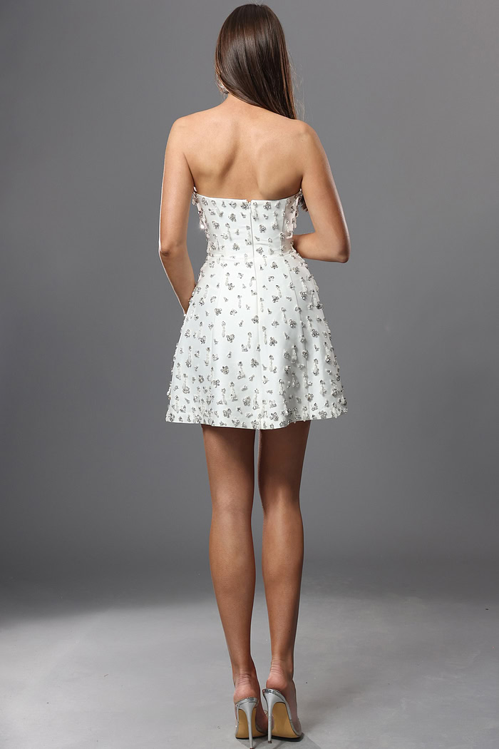 white a line mini dress with strapless beaded crystal embellished