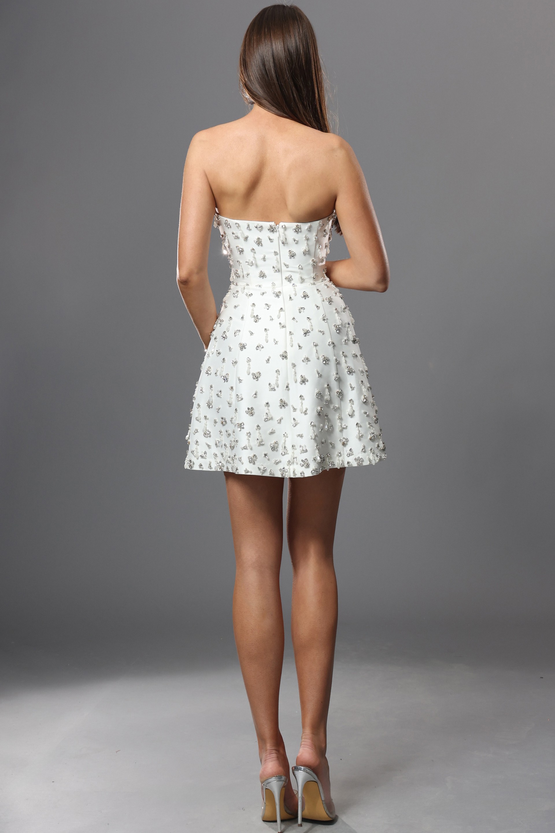 white a line mini dress with strapless beaded crystal embellished