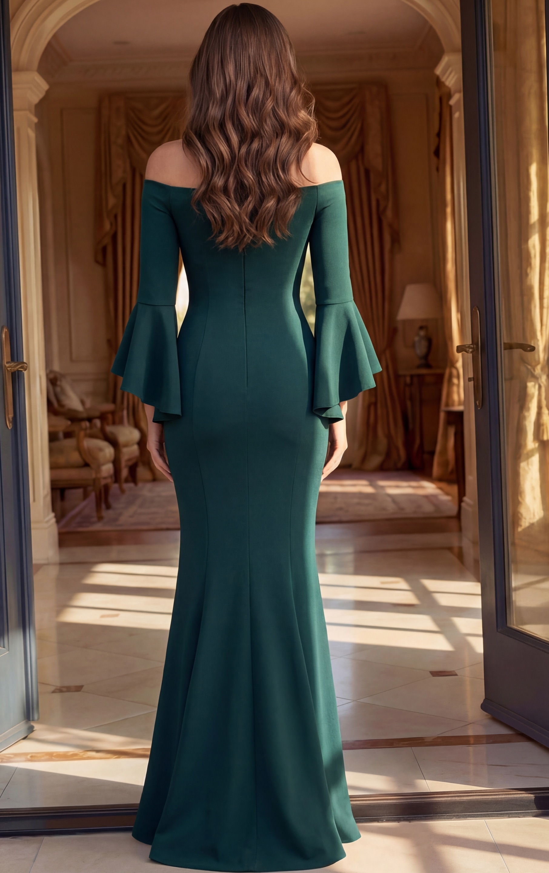back view of emerald green off shoulder mermaid satin gown