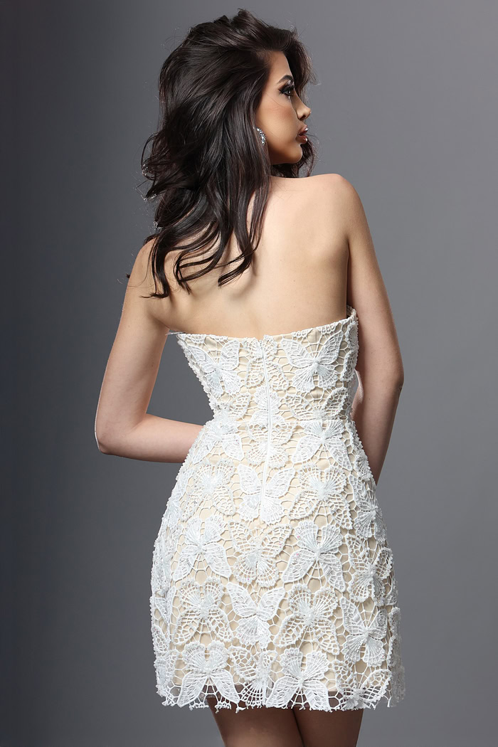 white sheath mini dress with strapless lace butterfly beaded