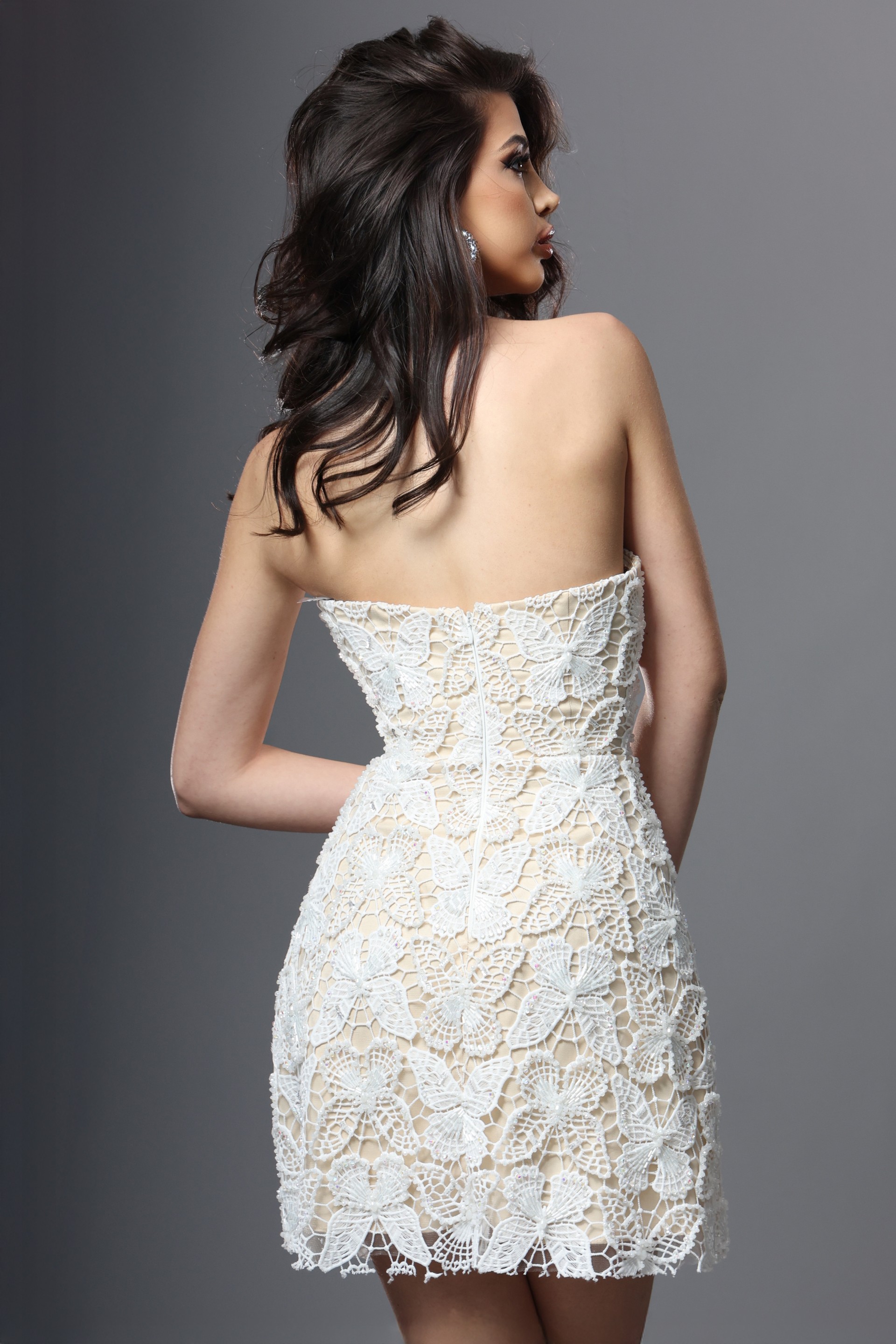 white sheath mini dress with strapless lace butterfly beaded