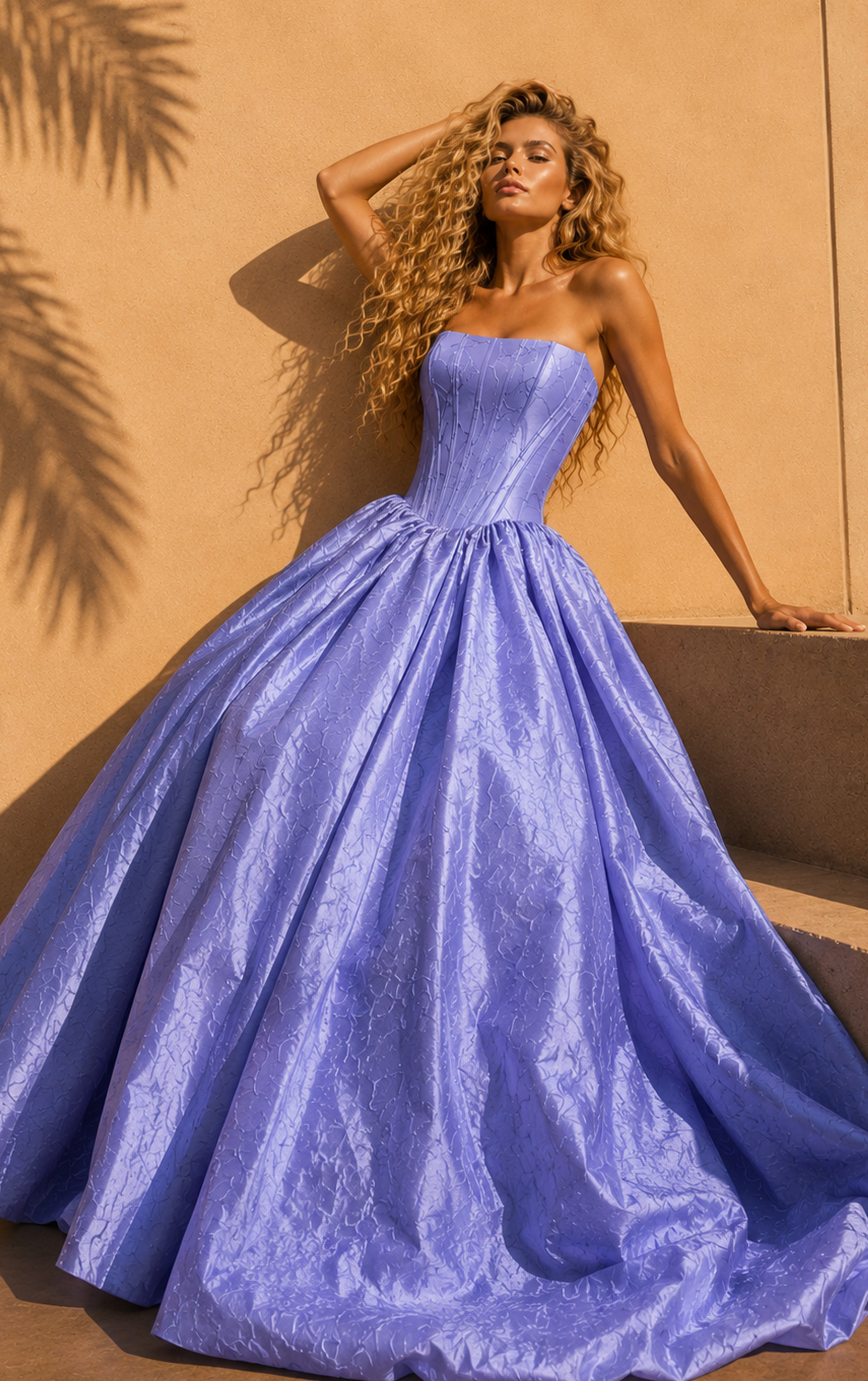 Jovani 51685 Lavender Strapless Ball Gown Seated Pose