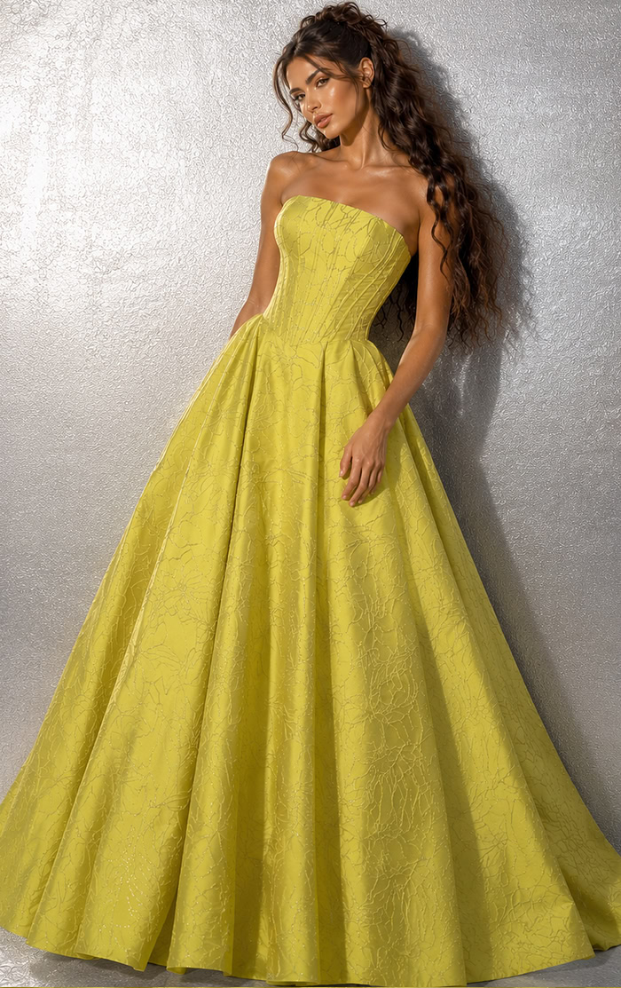 yellow jacquard strapless sweetheart ball gown