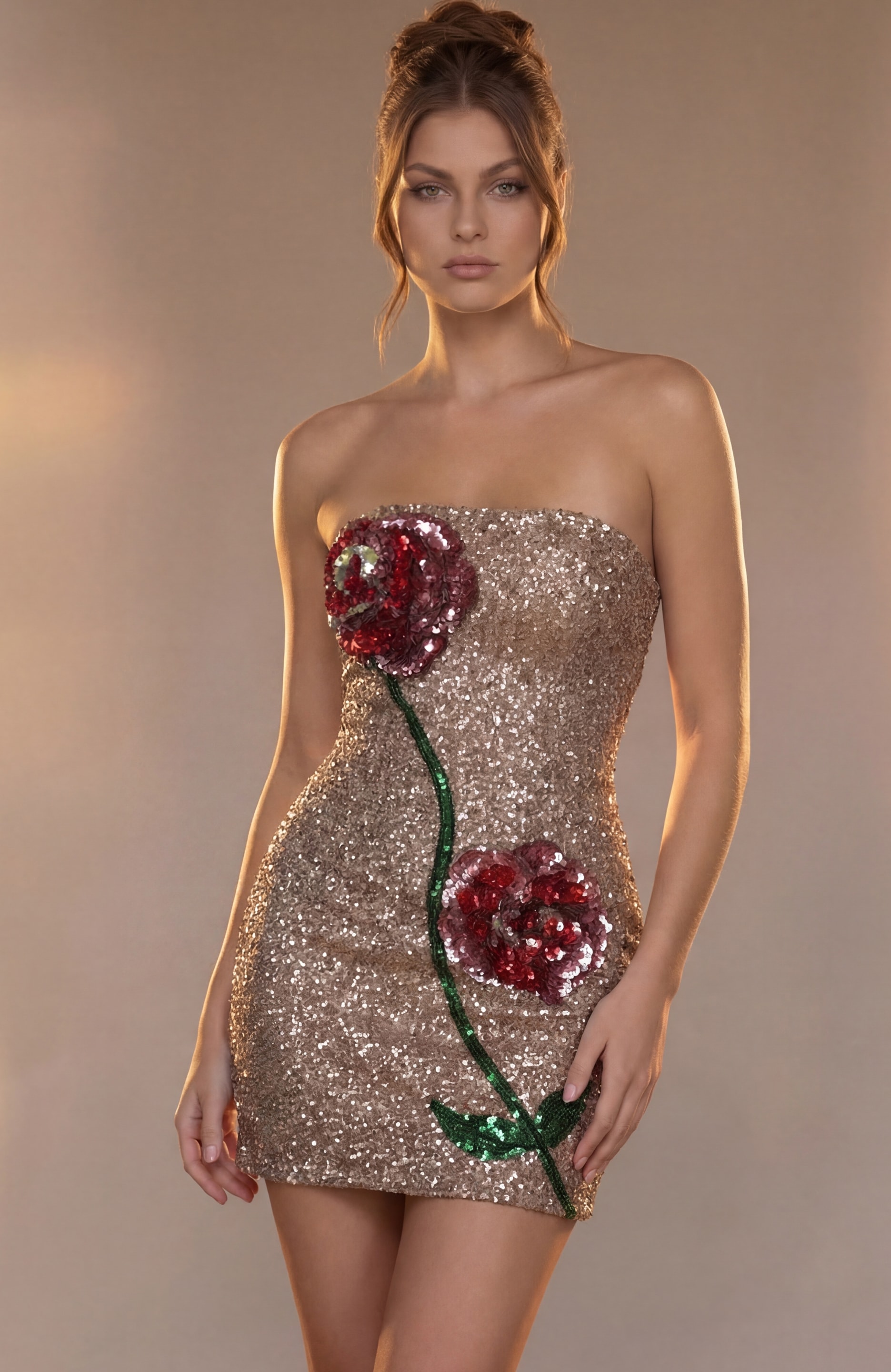 Form-fitting strapless cocktail dress by Jovani, fully embellished with shimmering sequins in a champagne gold hue.