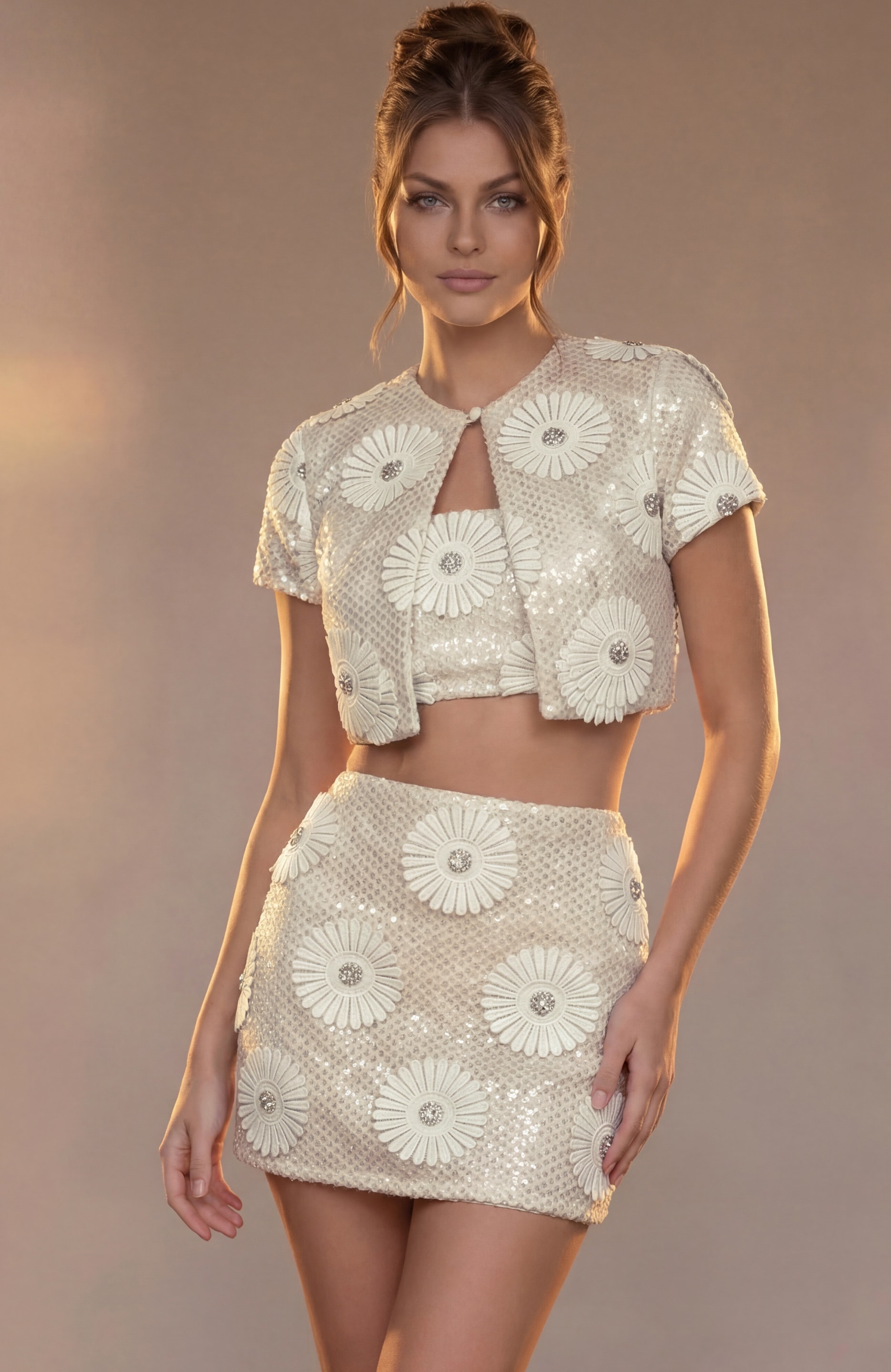 champagne floral sequin three piece set with cropped jacket, cami top and mini skirt, additional view