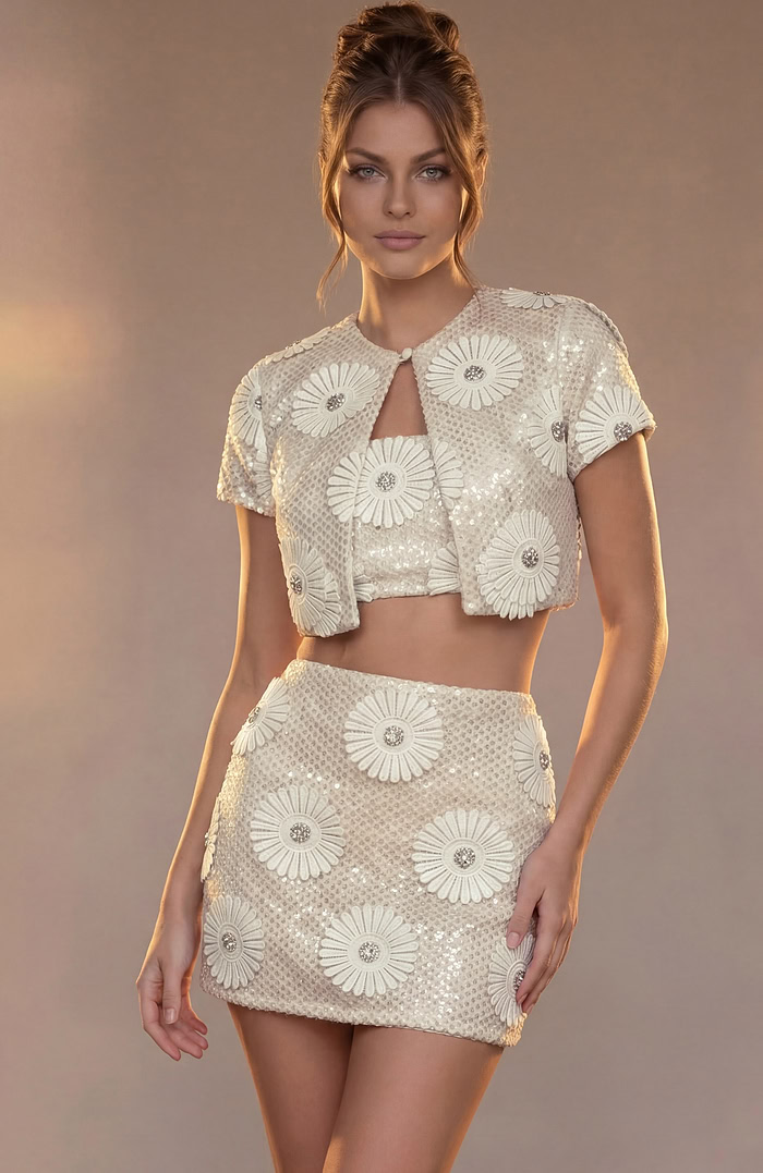 champagne floral sequin three piece set with cropped jacket, cami top and mini skirt