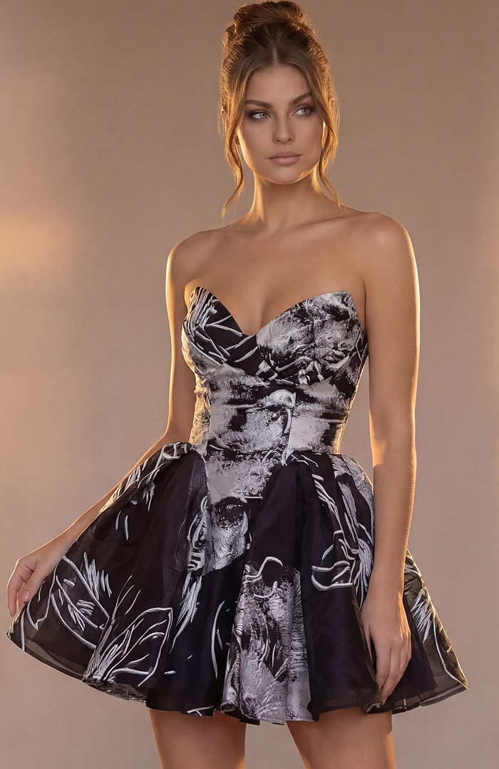 strapless dress featuring a mix of bold floral sketches and ethereal shadowed prints.