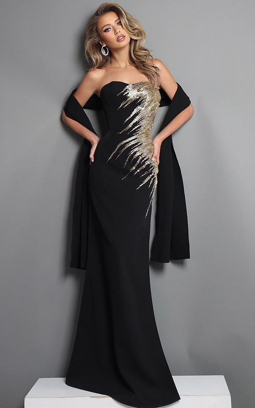 black mermaid long dress with strapless gold sequin embroidery