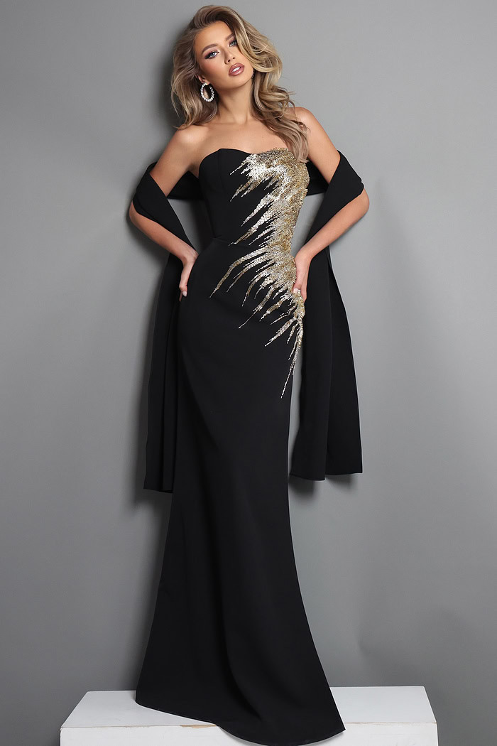 black mermaid long dress with strapless gold sequin embroidery