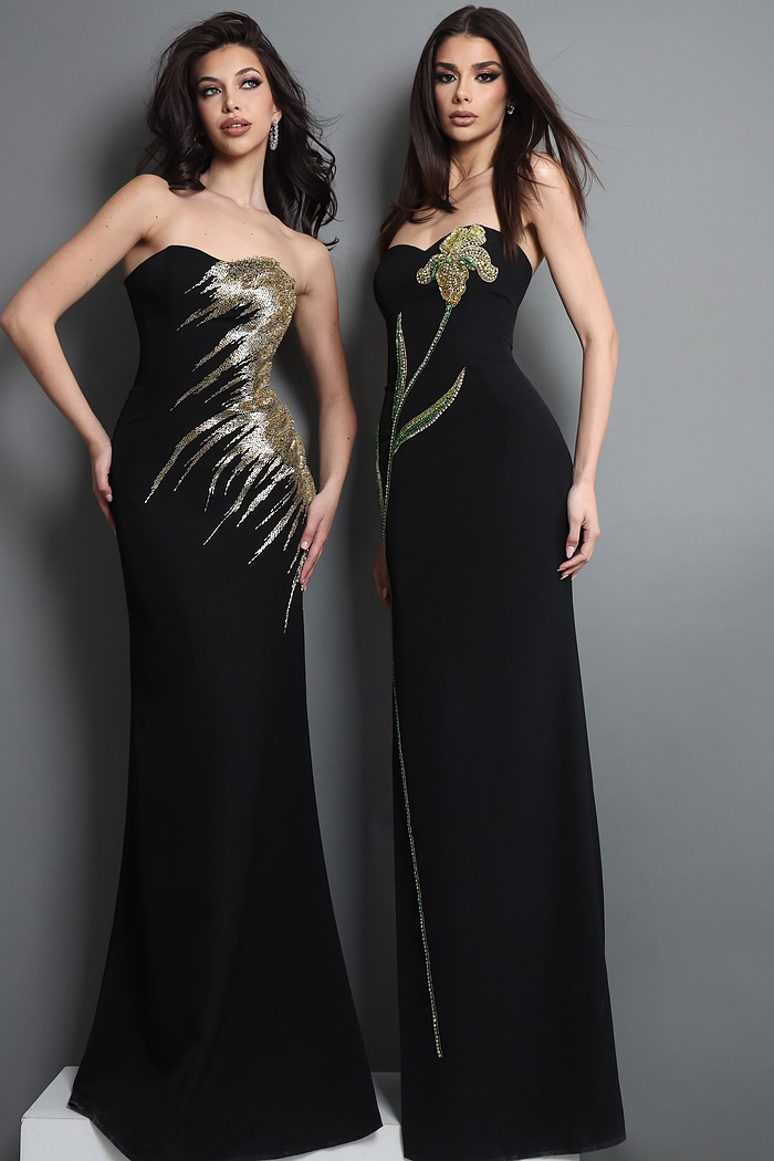 black mermaid long dress with strapless gold sequin embroidery