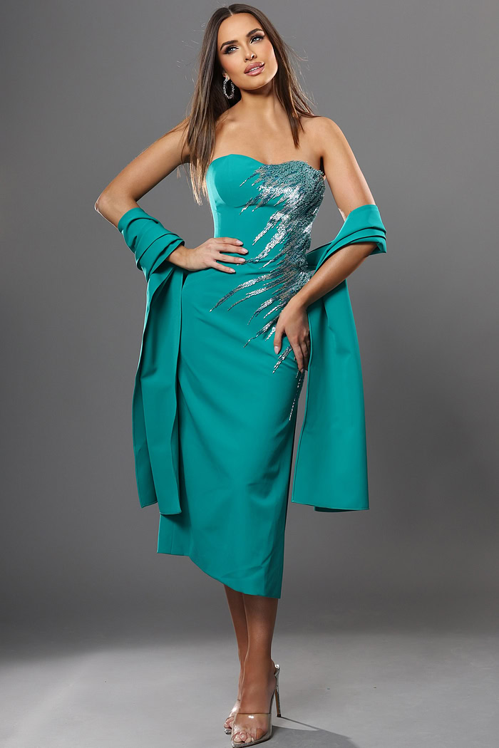 teal sheath midi dress with strapless sweetheart sequin embellished