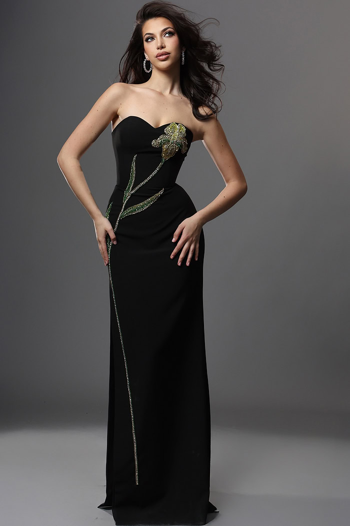 black sheath long dress with strapless sweetheart embellished flower design