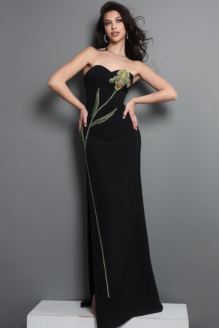 black sheath long dress with strapless sweetheart embellished flower design