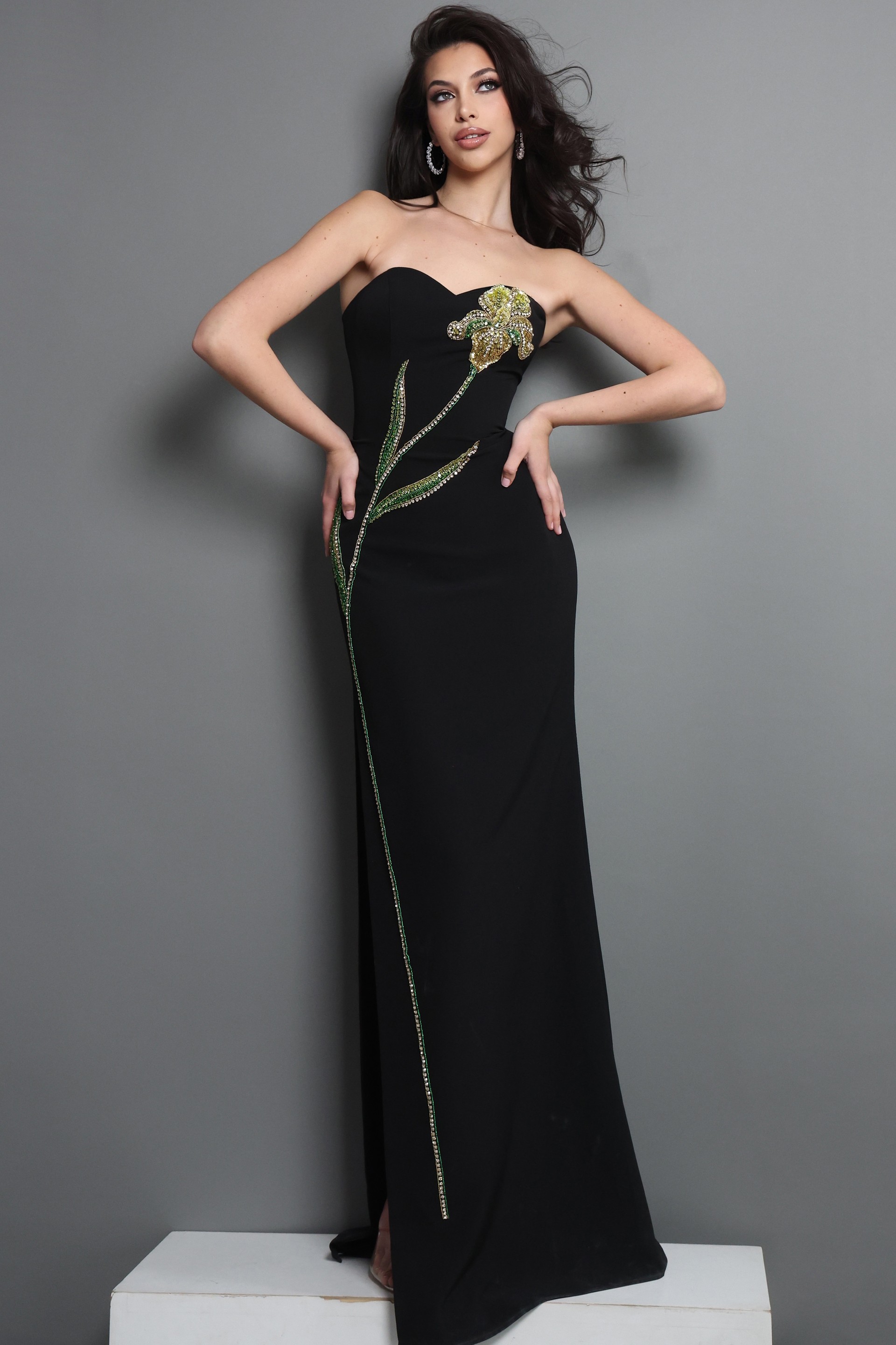 black sheath long dress with strapless sweetheart embellished flower design