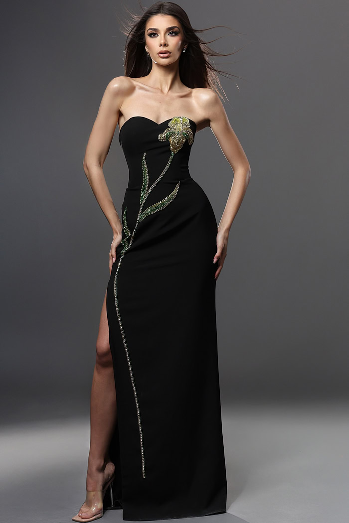 black sheath long dress with strapless sweetheart embellished flower design