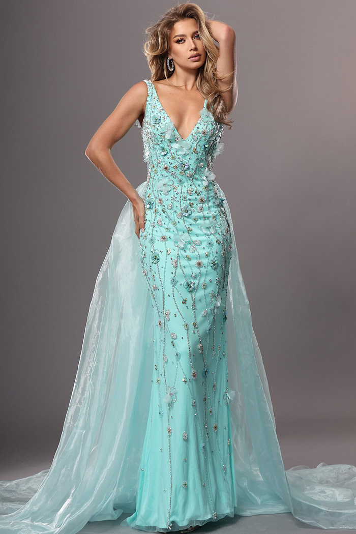 aqua trumpet long dress with v neck beaded 3d flowers sheer train